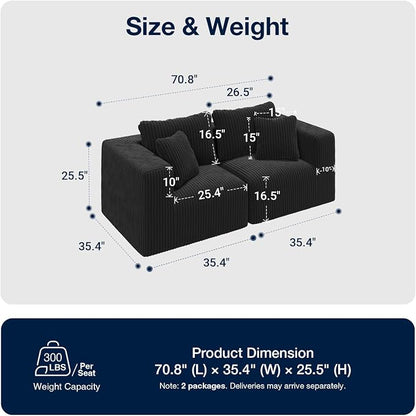 Avenco 71” 2-Seater Modular Loveseat Sofa Couch, Individually Wrapped Coil Support & Corduroy Fabric, Zero Assembly 2-Piece Set for Small Space, Black