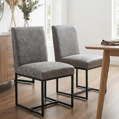 HNY Modern Dining Chairs Set of 2, Upholstered Leather Dining Room Chairs with Ergonomic Back & Metal Frame for Home, Kitchen, Apartment, Grey