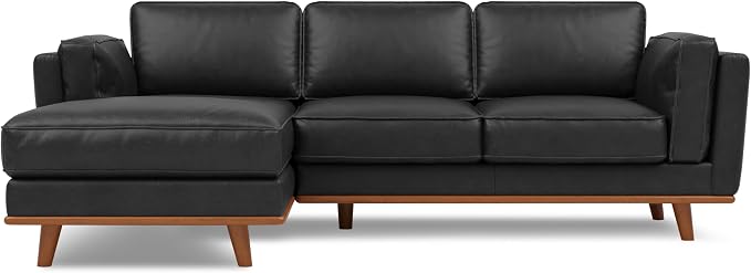 Valencia Artisan Full Leather Sofa - Left Chaise Sectional Couch - Pure Full Italian Nappa Leather Couch, Solid Wood Accent and Ultimate Comfort, Black
