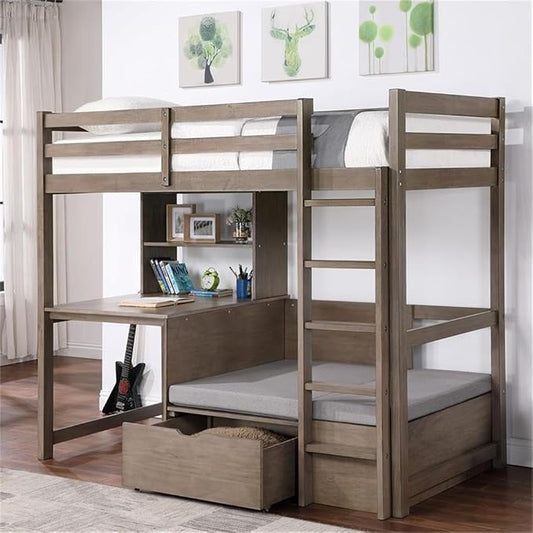 BOWERY HILL Modern Wood Twin Over Workstation Loft Bed, Warm Gray Finish, Solid Wood and MDF, 78.38" L x 43.75" W x 68.75" H, Space-Saving Design with Desk, Reading Nook, Drawer Storage, Transitional