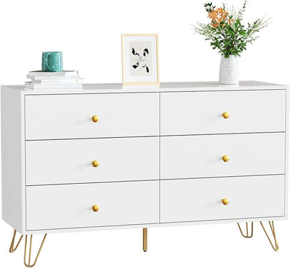 CARPETNAL White Dresser for Bedroom, 6 Drawer Dresser with Wide Drawers and Gold Metal Handles, Wood Dressers & Chest of Hallway, Entryway.