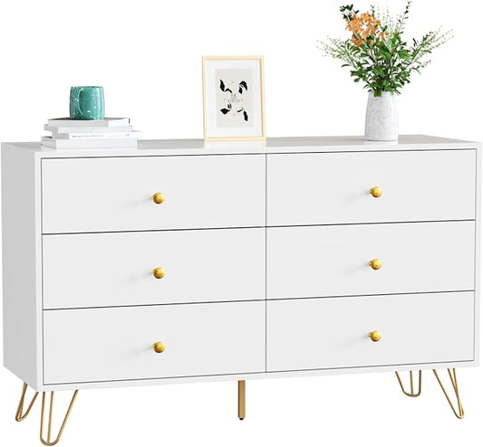 CARPETNAL White Dresser for Bedroom, 6 Drawer Dresser with Wide Drawers and Gold Metal Handles, Wood Dressers & Chest of Hallway, Entryway.