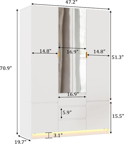 PAKASEPT 4 Doors Armoire Wardrobe Closet with Led Light & Mirror, Bedroom Large Capacity Freestanding Armoire Wardrobe with Drawers, Storage Cabinet with Hanging Rod Storage Closet for Bedroom