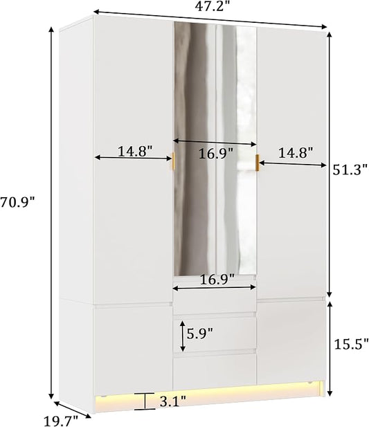 PAKASEPT 4 Doors Armoire Wardrobe Closet with Led Light & Mirror, Bedroom Large Capacity Freestanding Armoire Wardrobe with Drawers, Storage Cabinet with Hanging Rod Storage Closet for Bedroom