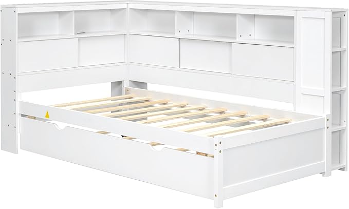 Bellemave Twin Corner Bed Frame with USB Ports, Wood Twin Size Daybed with L-Shaped Bookcase and Trundle，Daybed with Storage Cabinets, White