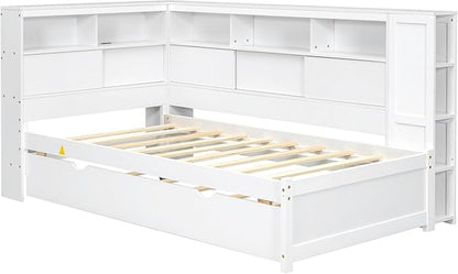 Bellemave Twin Corner Bed Frame with USB Ports, Wood Twin Size Daybed with L-Shaped Bookcase and Trundle，Daybed with Storage Cabinets, White