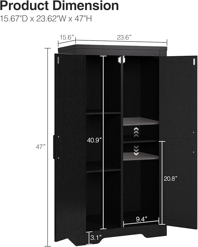 Befrases 47" Kitchen Pantry Cabinet, Farmhouse Kitchen Pantry Storage Cabinets with 2 Door and 2 Adjustable Shelves, Freestanding Cupboard for Dining Room, Living Room, Bathroom (Black)