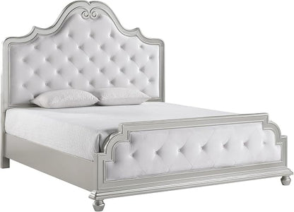 First of a Kind Roma Silver Finish Traditional 5 Piece King Bedroom Set with Upholstered Tufted Headboard Classic European Style Coordinated Furniture Collection