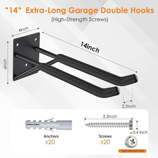 14" Garage Hooks Heavy Duty 4-Pack - Garage Storage System Hooks, Ladder Hooks for Garage Wall & Broom Holder Wall Mount | Non-Slip Tire Rack & Heavy Duty Wall Hooks for Hanging Ladders, Chairs.
