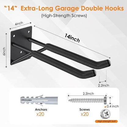 14" Garage Hooks Heavy Duty 1-Pack - Garage Storage System Hooks, Ladder Hooks for Garage Wall & Broom Holder Wall Mount | Non-Slip Tire Rack & Heavy Duty Wall Hooks for Hanging Ladders, Chairs.