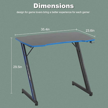 BestOffice Gmaing Desk 35.4in PC Computer Desk, Blue Ergonomic Gaming Table Z Shaped Gaming Workstation with Headphone Hook for Home Office，Blue