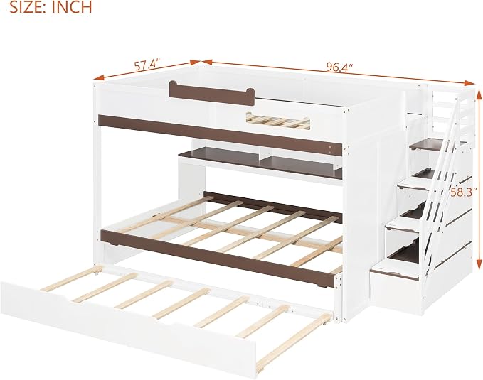 Wood Bunk Bed Full Over Full Size with Storage Staircase and Shelves, Bunk Beds Frame with Trundle and LED for Kids Teens, Space-Saving (White-12.15)