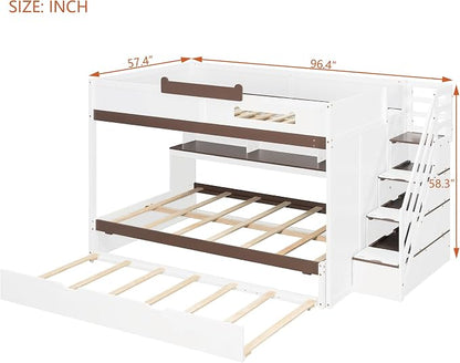 Wood Bunk Bed Full Over Full Size with Storage Staircase and Shelves, Bunk Beds Frame with Trundle and LED for Kids Teens, Space-Saving (White-12.15)