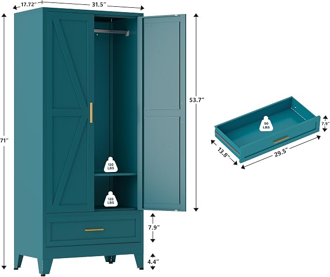 QINPTWUT 71" Tall Metal Wardrobe with Doors, Hanging Rod & Adjustable Shelf, Freestanding Steel Armoire for Bedroom Home Office, 1-Drawer Blue