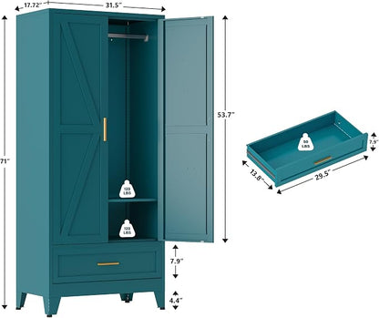 QINPTWUT 71" Tall Metal Wardrobe with Doors, Hanging Rod & Adjustable Shelf, Freestanding Steel Armoire for Bedroom Home Office, 1-Drawer Blue