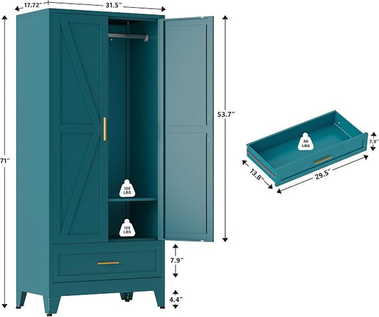 QINPTWUT 71" Tall Metal Wardrobe with Doors, Hanging Rod & Adjustable Shelf, Freestanding Steel Armoire for Bedroom Home Office, 1-Drawer Blue