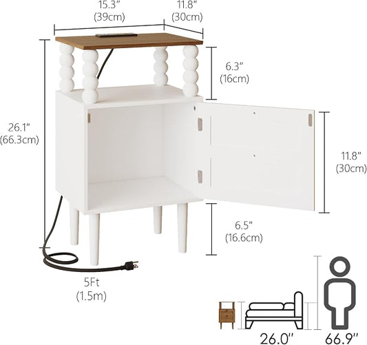Veegle White Nightstand with Charge Station,Modern Bedside Table with Storage Drawer and Open Wood Shelf, for Bedroom and Small Spaces,Night Stand with Solid Wood Legs (White)