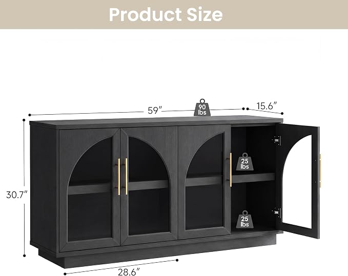 Fatmok 2-Piece Buffet Cabinet Set, Glass Display Cabinet & Solid Storage Cabinet Combo, 59” Modern Sideboard with Adjustable Shelves for Dining Room Living Room Entryway (Black Grey)