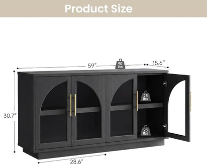 Fatmok 2-Piece Buffet Cabinet Set, Glass Display Cabinet & Solid Storage Cabinet Combo, 59” Modern Sideboard with Adjustable Shelves for Dining Room Living Room Entryway (Black Grey)