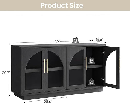 Fatmok 2-Piece Buffet Cabinet Set, Glass Display Cabinet & Solid Storage Cabinet Combo, 59” Modern Sideboard with Adjustable Shelves for Dining Room Living Room Entryway (Black Grey)