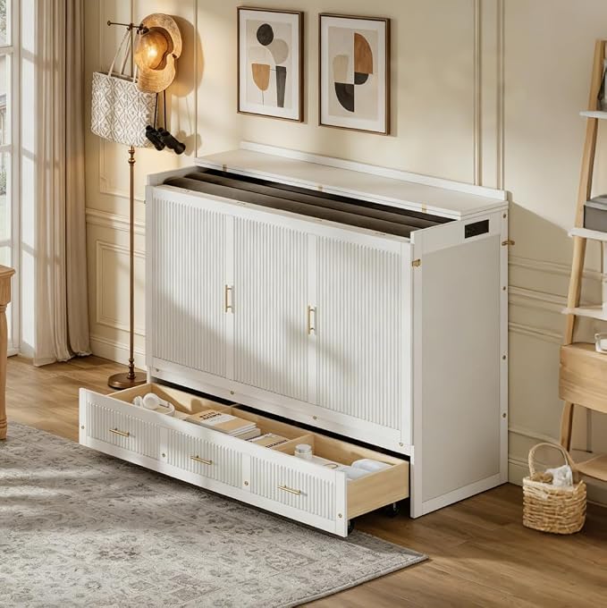 Bellemave Queen Size Murphy Bed with Charging Station and Storage, Farmhouse Murphy bedframe with Foldable Panel, Noisy Free, for Guest Bedroom, Living Room, White
