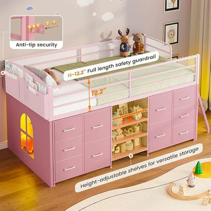 ELYKEN Low Loft Bed Twin Size with 10 Storage Drawers, Twin Loft Bed Frames for Kids with Safety Guardrail,Metal Kids Loft Bed with LED Lights,Inclined Ladder,Spave Saving,Pink