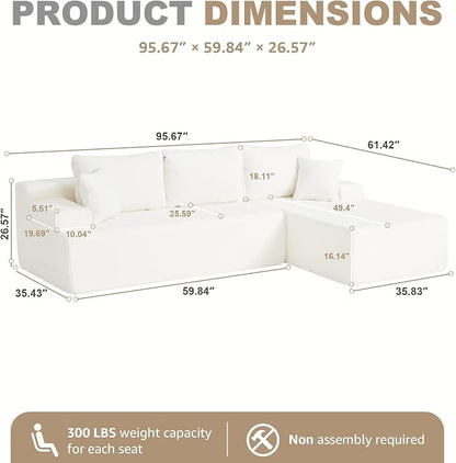 Hobestluk Modular Sectional Sofa Couches L-Shape Couch 3 Seat Modular Sofa Memory Foam Sectional Couches for Living Room, Cloud Couch with Oversized Chaise (White Smooth, 96", Right Hand Facing)