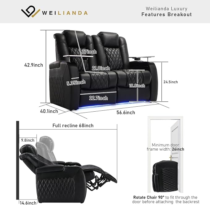 Weilianda Home Theater Seating Top Grain Leather Zero Gravity Recliner Chair Power Headrest Recline Movie Seat Gaming 7 Colors Mood Light Sofa with Tray Table USB Charge Row of 2 Loveseat Black