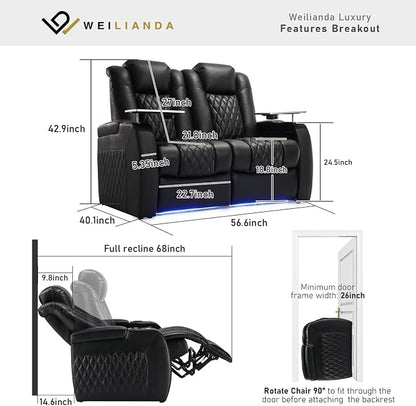 Weilianda Home Theater Seating Top Grain Leather Zero Gravity Recliner Chair Power Headrest Recline Movie Seat Gaming 7 Colors Mood Light Sofa with Tray Table USB Charge Row of 2 Loveseat Black