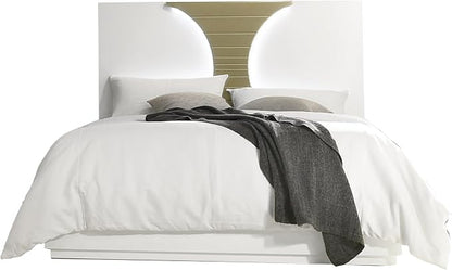 Kings Brand Furniture Claire 4-Piece Modern & Stylish Bedroom Set in White/Gold Finish - Bed Frame with LED Headboard, Dresser, Mirror and Nightstand (Queen)