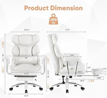 Sweetcrispy Executive Home Office Desk Chair - Ergonomic Big Tall High Back with Footrest & Lumbar Support, Reclining Height Adjustable, Comfy PU Leather Computer Gaming with Swivel Wheels, White
