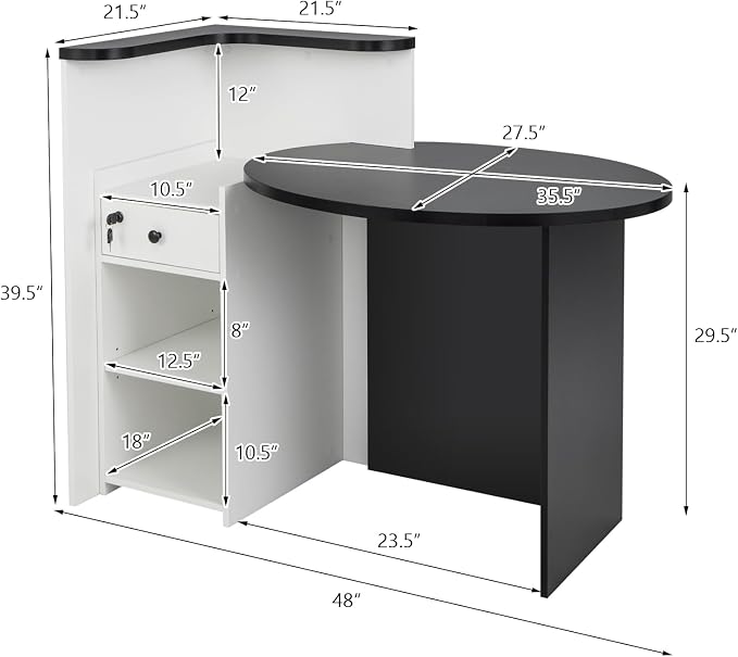 Reception Desk, Retail Checkout Counter w/Lockable Drawer & Open Shelves, Computer Workstation, Small Front Desk Reception Counter for Company Lobby Store Salon Office (Black & White)