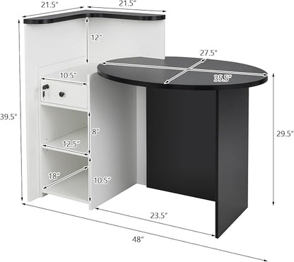 Reception Desk, Retail Checkout Counter w/Lockable Drawer & Open Shelves, Computer Workstation, Small Front Desk Reception Counter for Company Lobby Store Salon Office (Black & White)