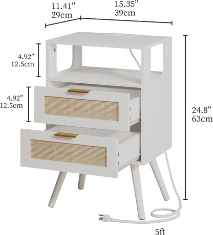 JOONEE Rattan Nightstand with Charging Station,Farmhouse Bedside Table with 2 Storage Drawer and Open Wood Shelf, for Bedroom and Small Spaces,Night Stand with Solid Wood Legs (White-Outlet)