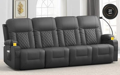 YONISEE 4 Seat Recliner Sofa, Manual Reclining Sofa Couch with USB Ports, 2 Cell Phone Holder, 4 Seater Loveseat Recliner Couch for Living Room Home Theater Seating