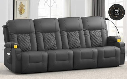 YONISEE 4 Seat Recliner Sofa, Manual Reclining Sofa Couch with USB Ports, 2 Cell Phone Holder, 4 Seater Loveseat Recliner Couch for Living Room Home Theater Seating