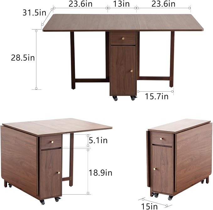 COMUHOME Extendable Drop Leaf Foldable Dining Table with 2 Drawers and 4 Wheels for Living Room Kitchen Farmhouse Space Saving Table in Walnut