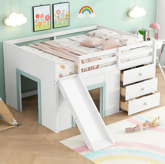 Bellemave Full Size Low loft Bed with Slide for Kids,Wood Modern Farmhouse Full Loft Bed with Drawer Storage, No Box Spring Needed, White