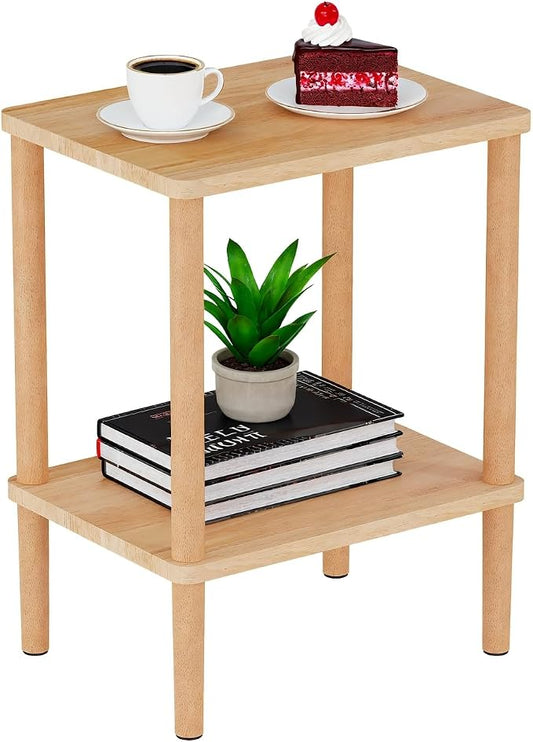Solid Wood Side Table, Small End Table, Narrow Nightstand Bedside Table | 2-Tiers Real Oak Wood Table for Small Spaces, Bedroom, Living Room, Farmhouse, No-Tool Assembly.