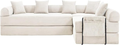 106" Oversized Convertible Sleeper Sofa Bed, Corduroy L Shape Sectional Couch, Folding Sofa Bed with Side Pocket, Modern Cloud Floor Mattress Couch, Modular Sofa for Living Room, Beige