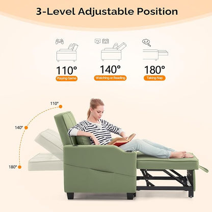 VINGLI Sofa Bed Chair Recliner, 3-in-1 Convertible Sleeper Sofa Chair Bed Green Daybed Pull Out Couch with Adjustable Backrest, USB Ports, Cup Holders for Small Spaces Living Room