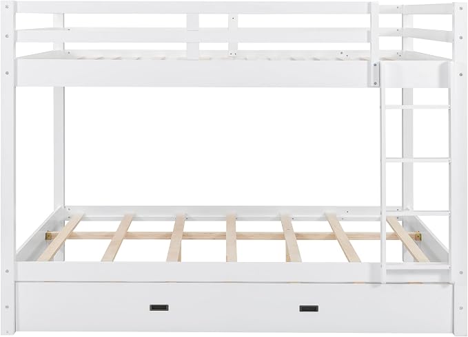 Bellemave Queen Over Queen Size Bunk Bed with Trundle for Kids/Adults,Solid Wood Bunk Bed Frame Queen Size with Ladder & Safety Guardrails,White