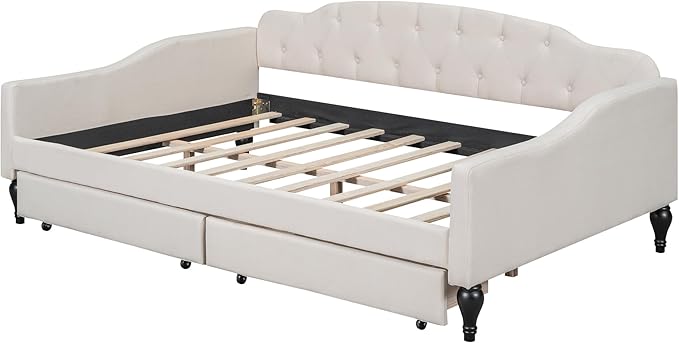 Merax Full Size Daybed with Storage, Solid Wood Sofa Bed Frame w/2 Drawers, Upholstered Tufted Daybed for Living Room, Bedroom and Guest Room, Beige