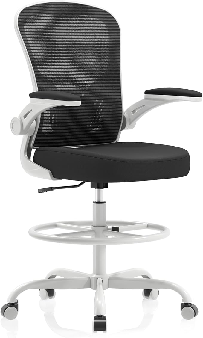 Synorla Ergonomic Drafting Chair, Tall Mesh Office Chair with Flip-up Armrests, Lumbar Support Adjustable Footrest Ring for Standing Desk Gray Pink