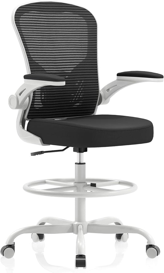 Synorla Ergonomic Drafting Chair, Tall Mesh Office Chair with Flip-up Armrests, Lumbar Support Adjustable Footrest Ring for Standing Desk Gray Pink