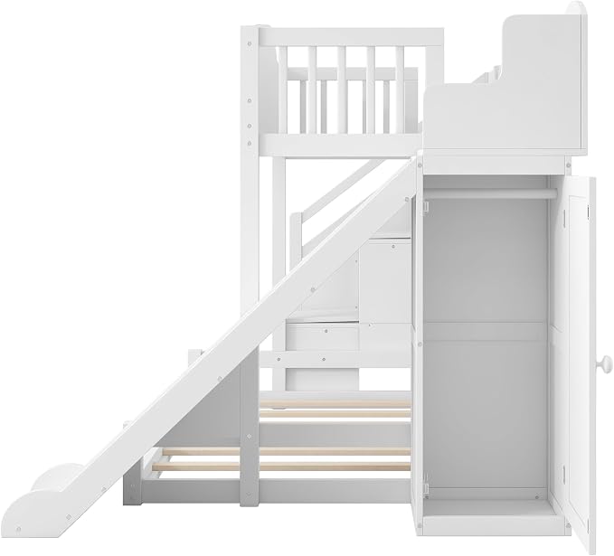RUNNA Twin Over Full Bunk Bed with Slide,Storage Stairs,Shelf | Twin over full bunk bed with slide, storage stairs, overhead shelf, solid wood, guardrails, no box spring needed