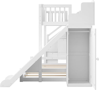 RUNNA Twin Over Full Bunk Bed with Slide,Storage Stairs,Shelf | Twin over full bunk bed with slide, storage stairs, overhead shelf, solid wood, guardrails, no box spring needed