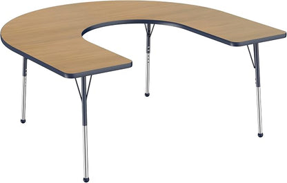 FDP Horseshoe (60 x 66 inch) Collaborative Teacher Classroom Table with Adjustable Standard Ball Glide Legs (19-30 in); School and Office Furniture - Pasadena Oak Top/Navy Edge and Legs