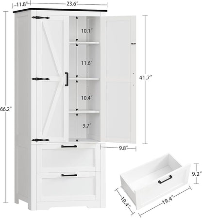 TEENFON 66.2" H Storage Cabinet with 2 Drawers, Farmhouse Kitchen Pantry Cabinet with 2 Doors & Adjustable Shelf, Bathroom Cabinet, for Living Room, Kitchen, Bathroom, White