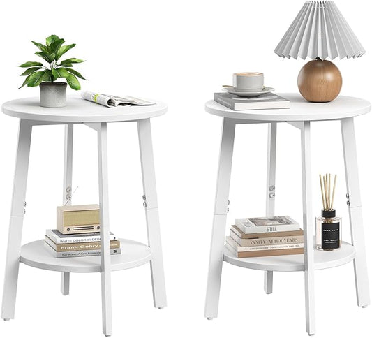 sthmec Side Table Set of 2, Small Round End Table with Storage Shelf for Small Space, 2-Tier Bedside Table Sofa Couch Table, Round Nightstands Set 2 Accent Table for Living Room, Bedroom, White
